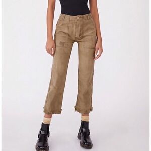 Free People Tan Distressed Utility Pants Frayed Hem Canvas Straight Leg Size 28